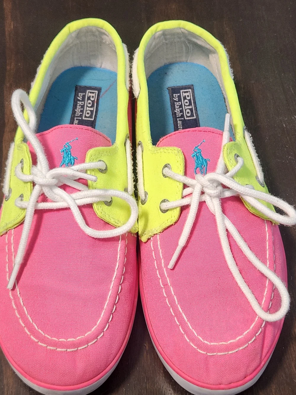 Polo Ralph Lauren Men Sander Canvas Deck Boat Shoes Neon Pink /Yellow US7/EU40